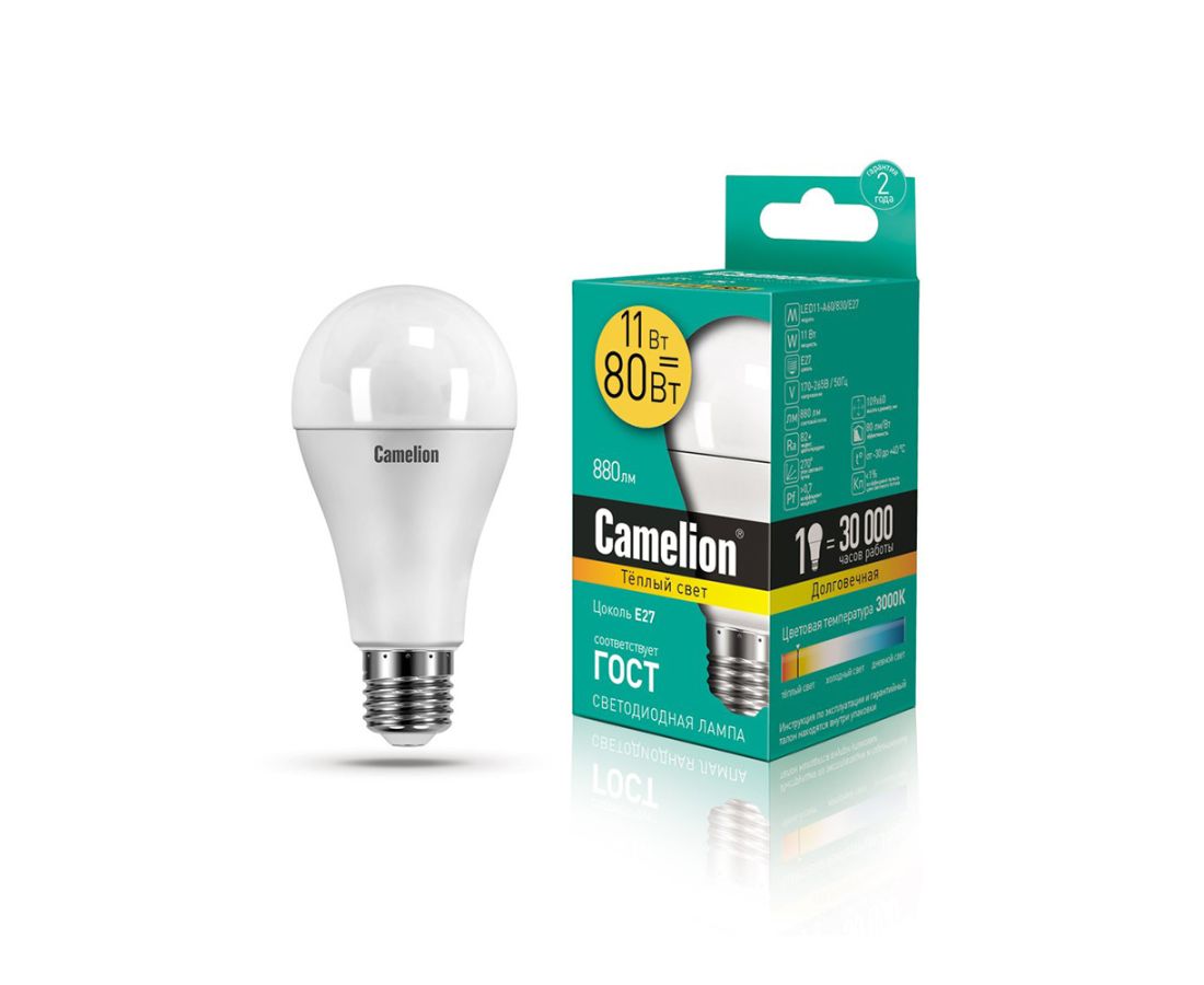 ეკონომიური ლედ ნათურა, თბილი 11W-E27-A60/830 Camelion — ნათურა და ვაზნა
